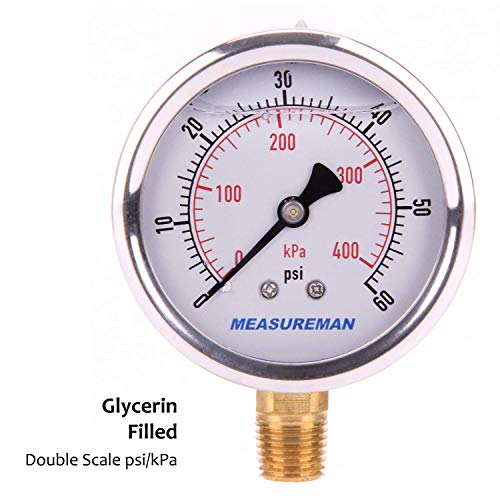 Measureman 2-1/2 Tárcsa Méret, Glicerin Töltött nyomásmérő, 0-100psi/kpa, 304 Rozsdamentes Acél tok, 1/4NPT Alacsonyabb Mount