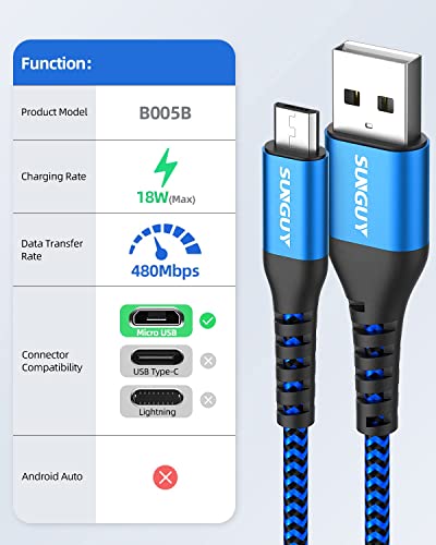 SUNGUY Rövid Micro USB Kábel 1FT[3Pack], 18W USB-Micro USB Kábel-Gyors Töltés USB 2.0 Adatok Szinkronizálása Fonott Nylon