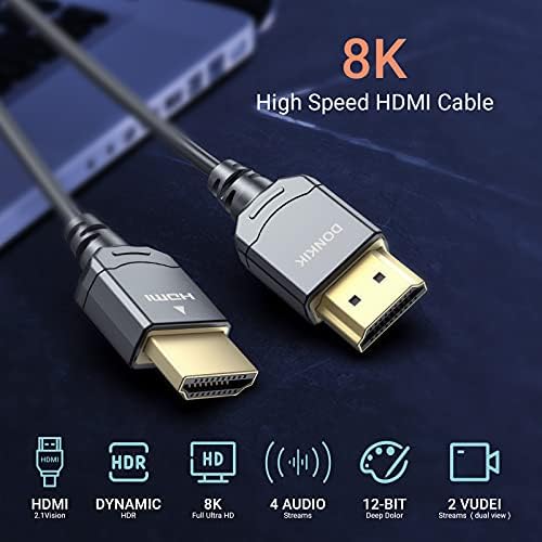 DONKIK Hitelesített 8K Ultra High Speed HDMI 2.1 Vékony Kábel 4.9 ft, 48Gbps HDMI Kábel 4.9 ft, 8K@60Hz 4K@120Hz HDR eARC