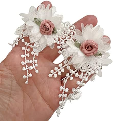 PEPPERLONELY 10pc Fehér Szatén Rózsa Virág Hímzett béren kívüli Tassel Csipke Szegéllyel Szalag Rátétes Esküvői DIY Varrni