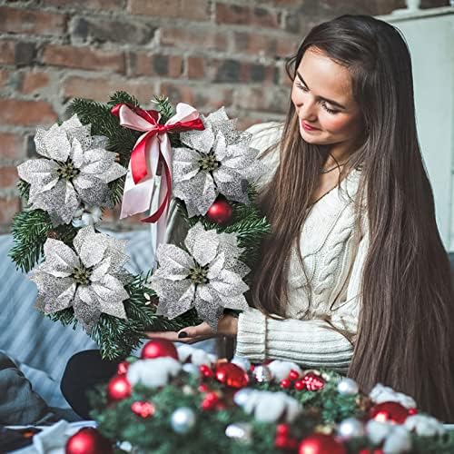 9 Inch Csillogó Mikulásvirág karácsonyfadísz Karácsonyi Esküvő Mesterséges Virágok, Dekorációk, 12-es Csomag (Ezüst)