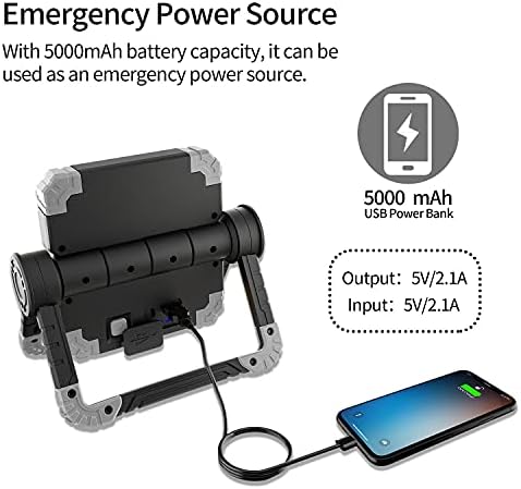 A Mizhi Munka Fény Újratölthető elemes - 360° - Os Forgó Hordozható LED Világítás a 5000mAh Power Zenekar, USB Charing, 2000Lms